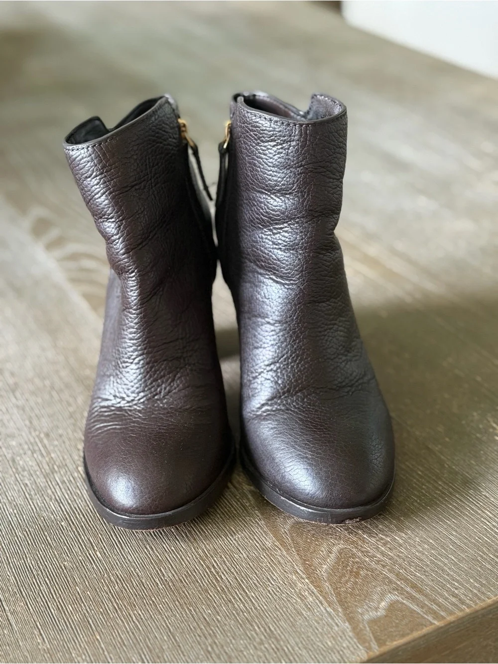 Tory Burch Dark Brown Pebbled Leather Booties Gold Logo Stacked Heel Sz 7